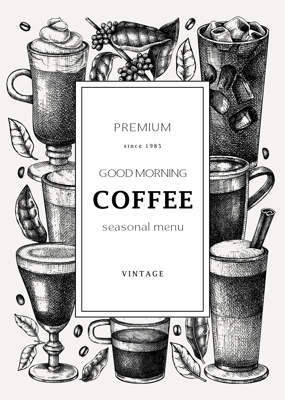 Hand-sketched coffee card template. Vector sketches of mugs with aromatic caffeine drinks design. With botanical coffee plants, leaves and beans in vintage style. Vector beverages template
